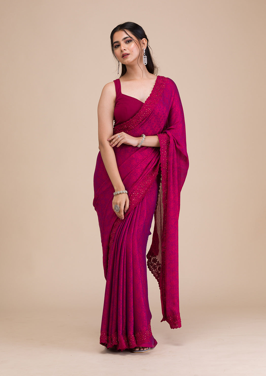 Rani Pink Printed Georgette Saree