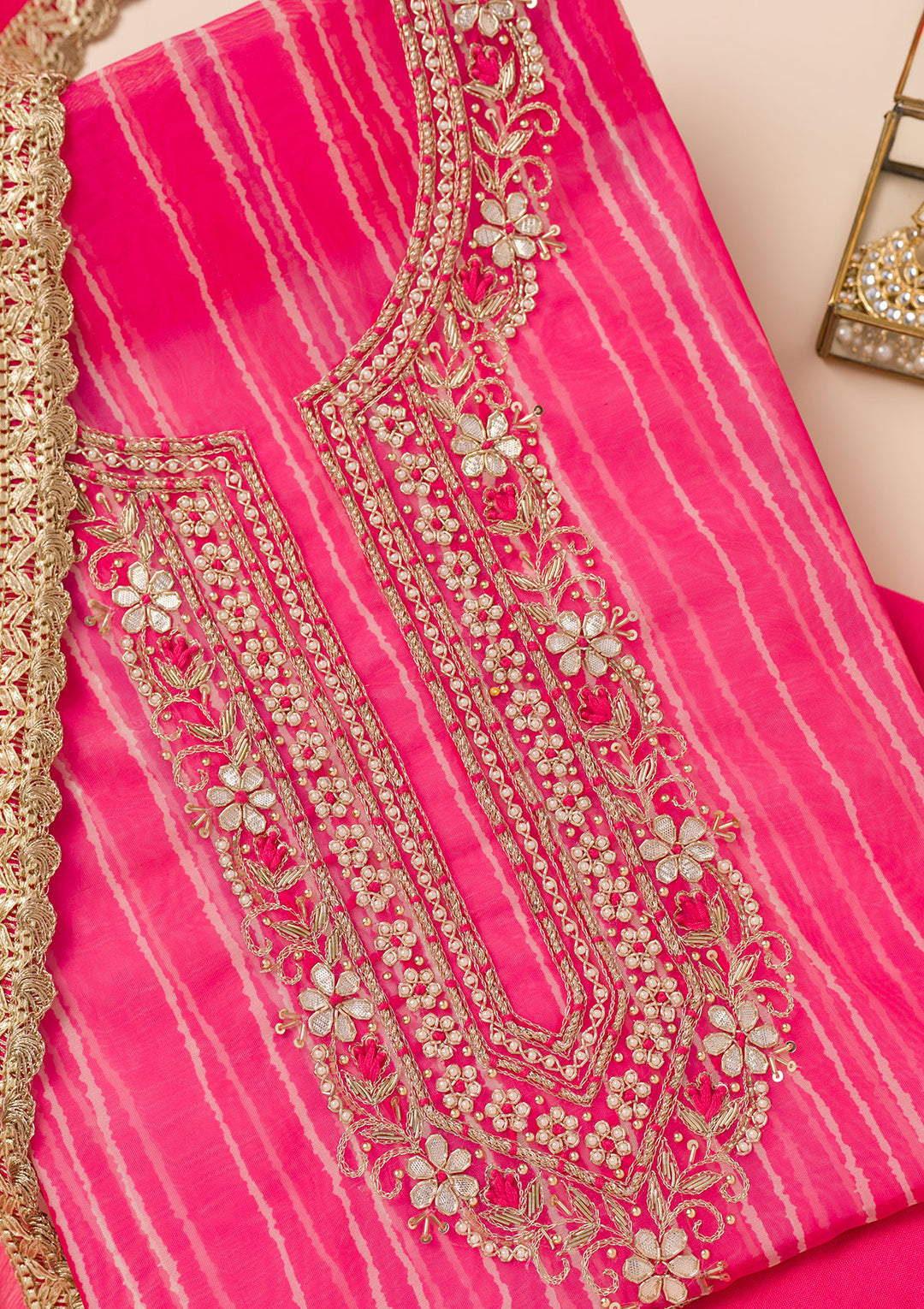 Rani Pink Printed Organza Unstitched Salwar Suit