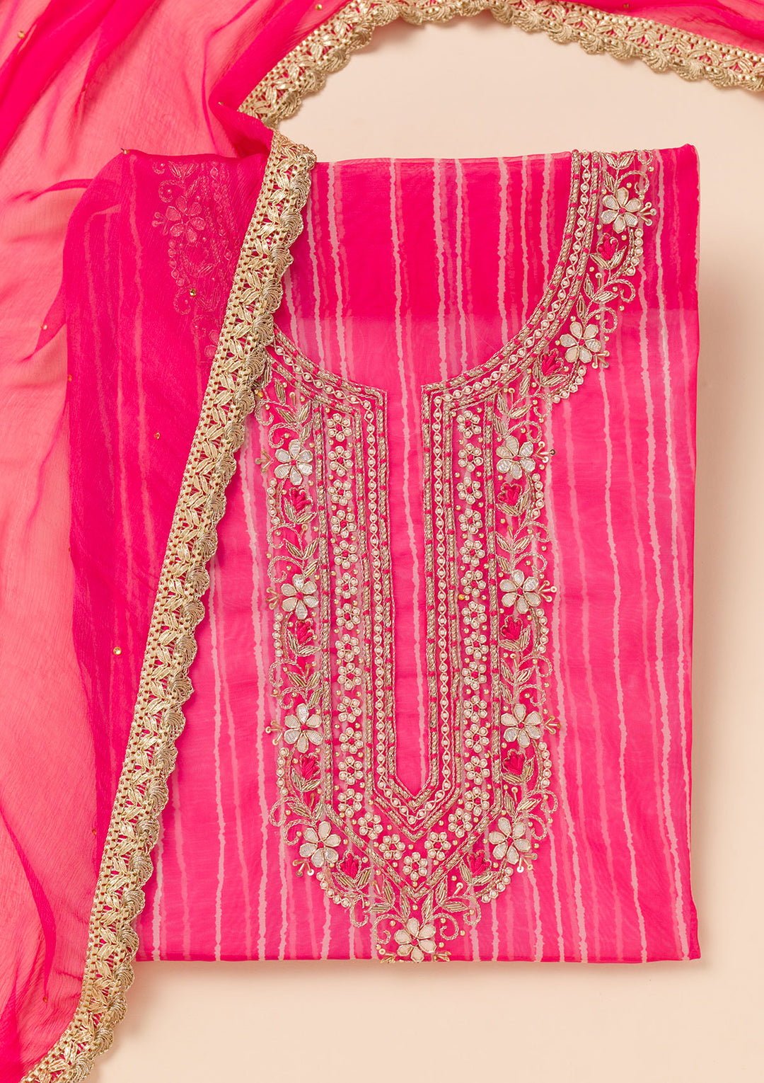 Rani Pink Printed Organza Unstitched Salwar Suit