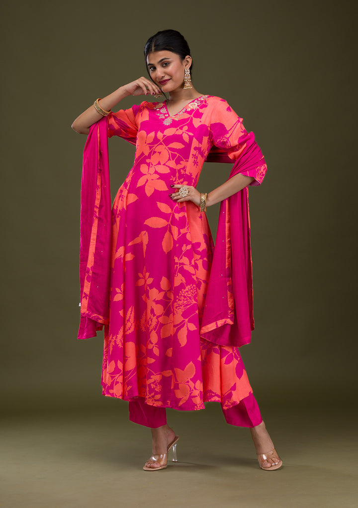 Rani Pink Printed Semi Crepe Readymade Anarkali Suit