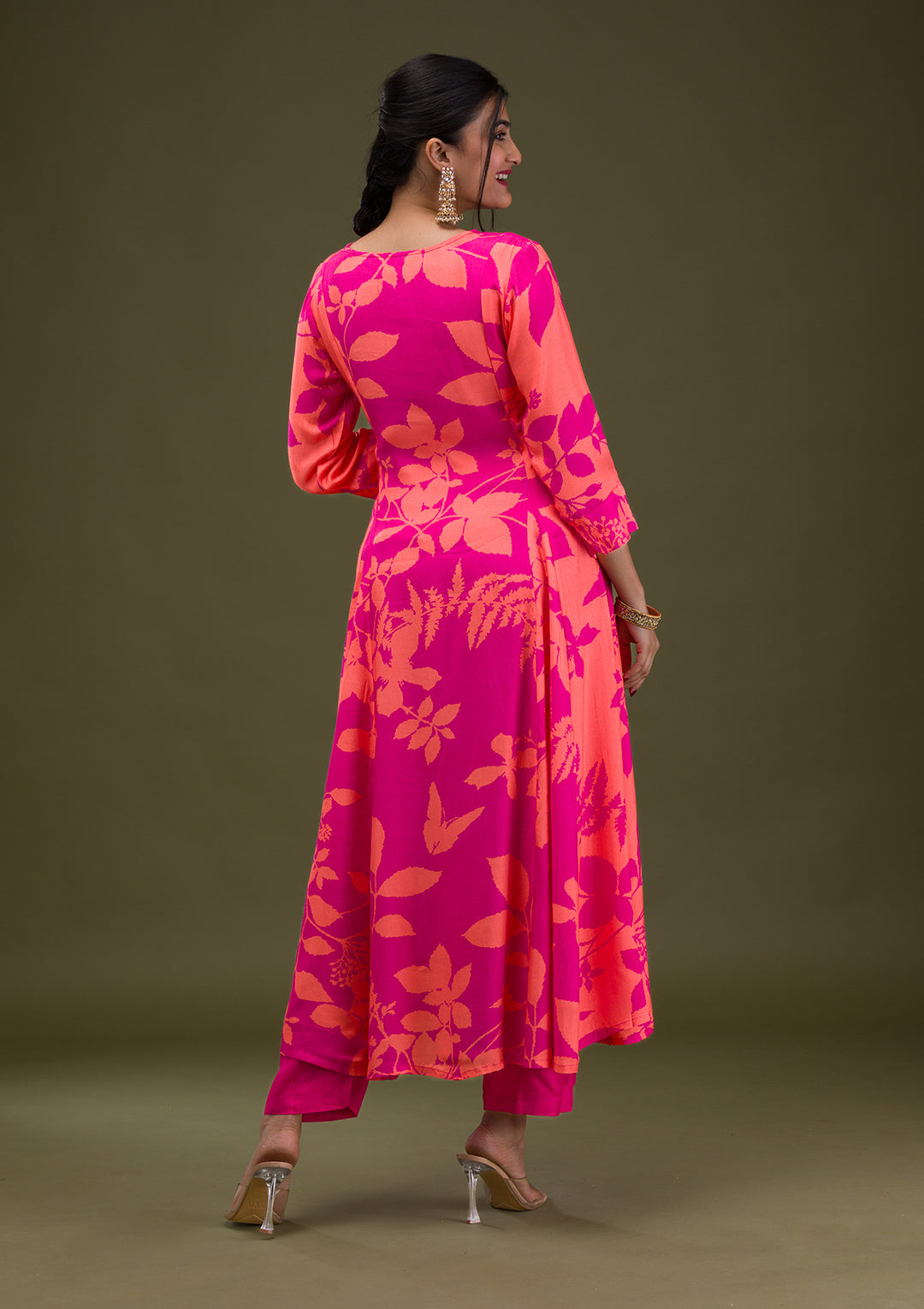 Rani Pink Printed Semi Crepe Readymade Anarkali Suit