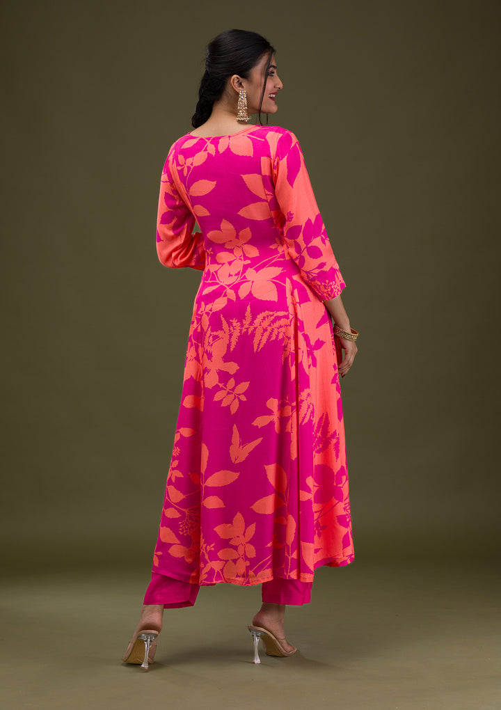 Rani Pink Printed Semi Crepe Readymade Anarkali Suit