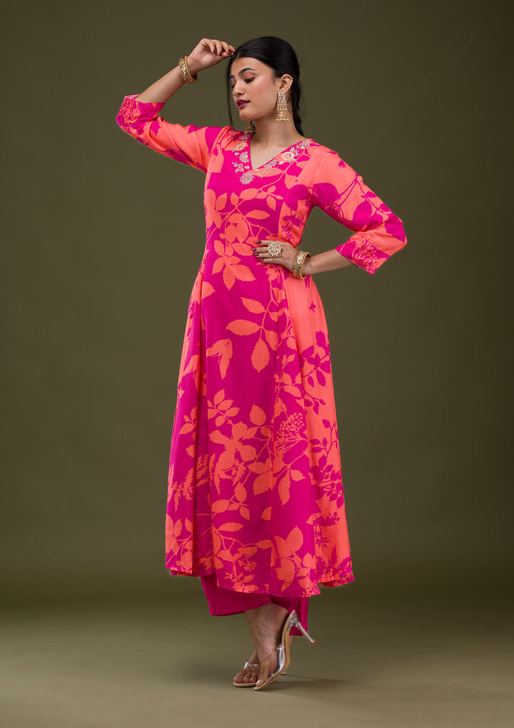 Rani Pink Printed Semi Crepe Readymade Anarkali Suit