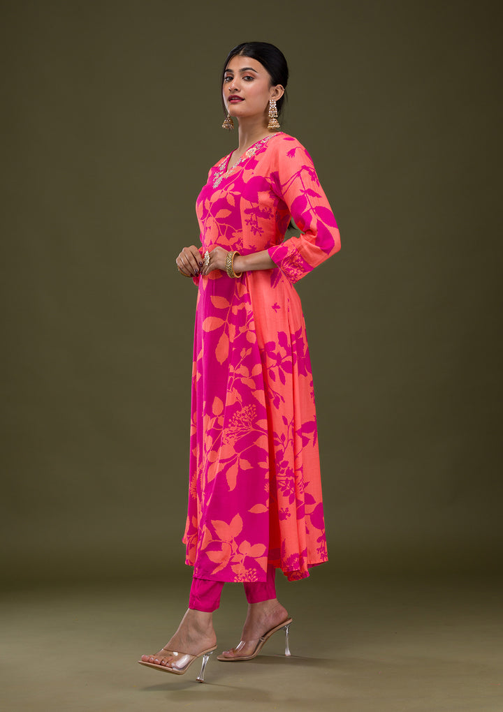 Rani Pink Printed Semi Crepe Readymade Anarkali Suit