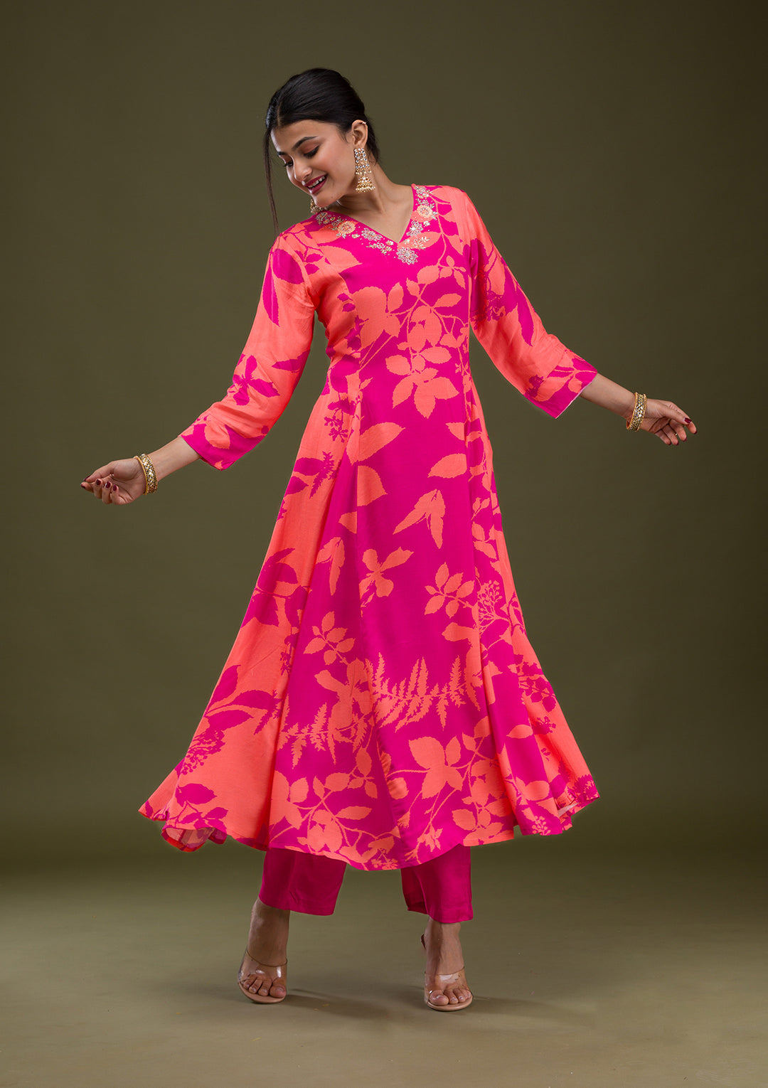 Rani Pink Printed Semi Crepe Readymade Anarkali Suit