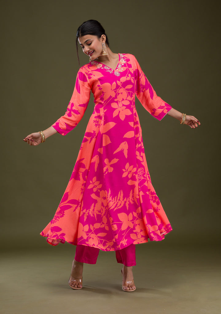 Rani Pink Printed Semi Crepe Readymade Anarkali Suit