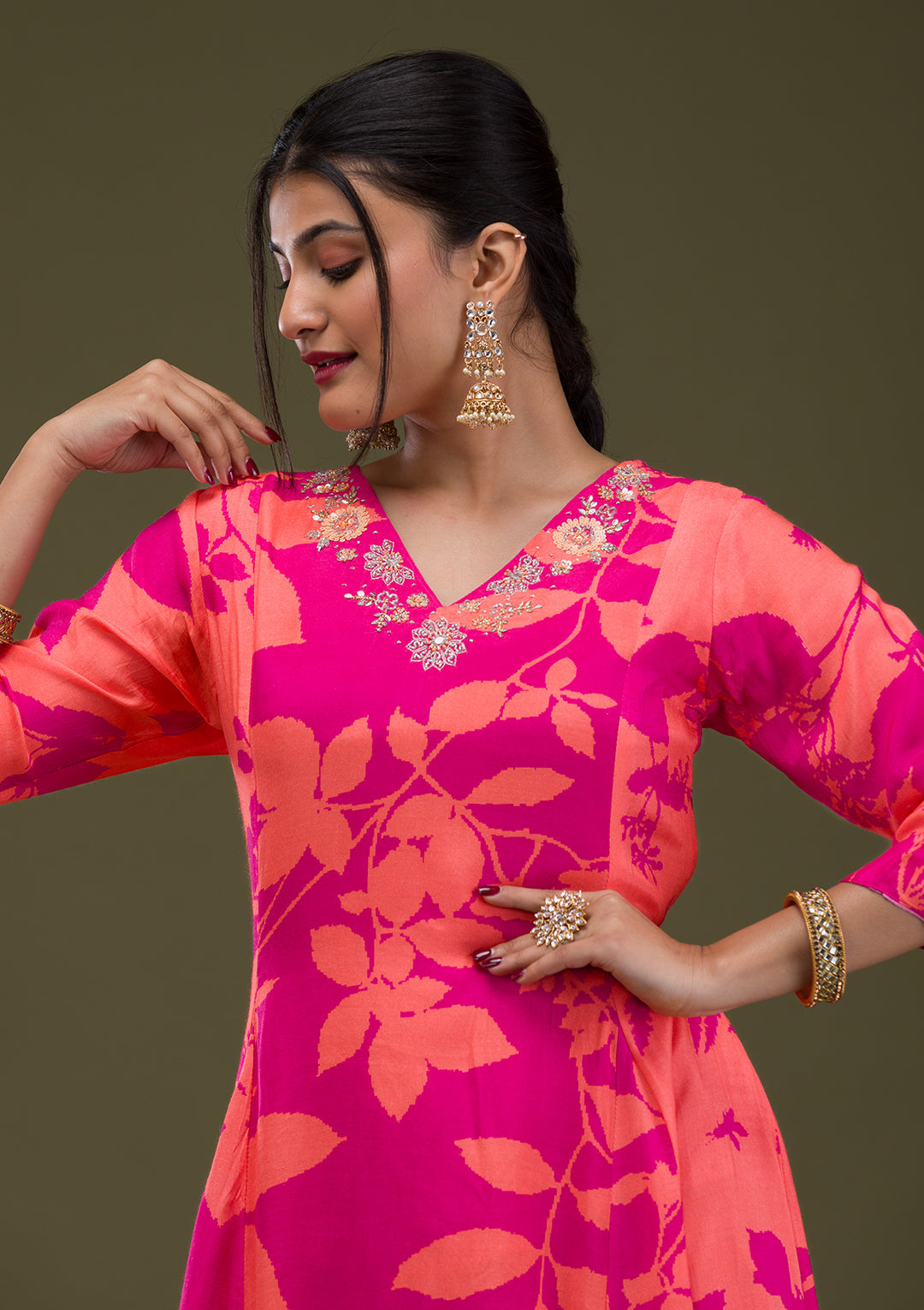 Rani Pink Printed Semi Crepe Readymade Anarkali Suit