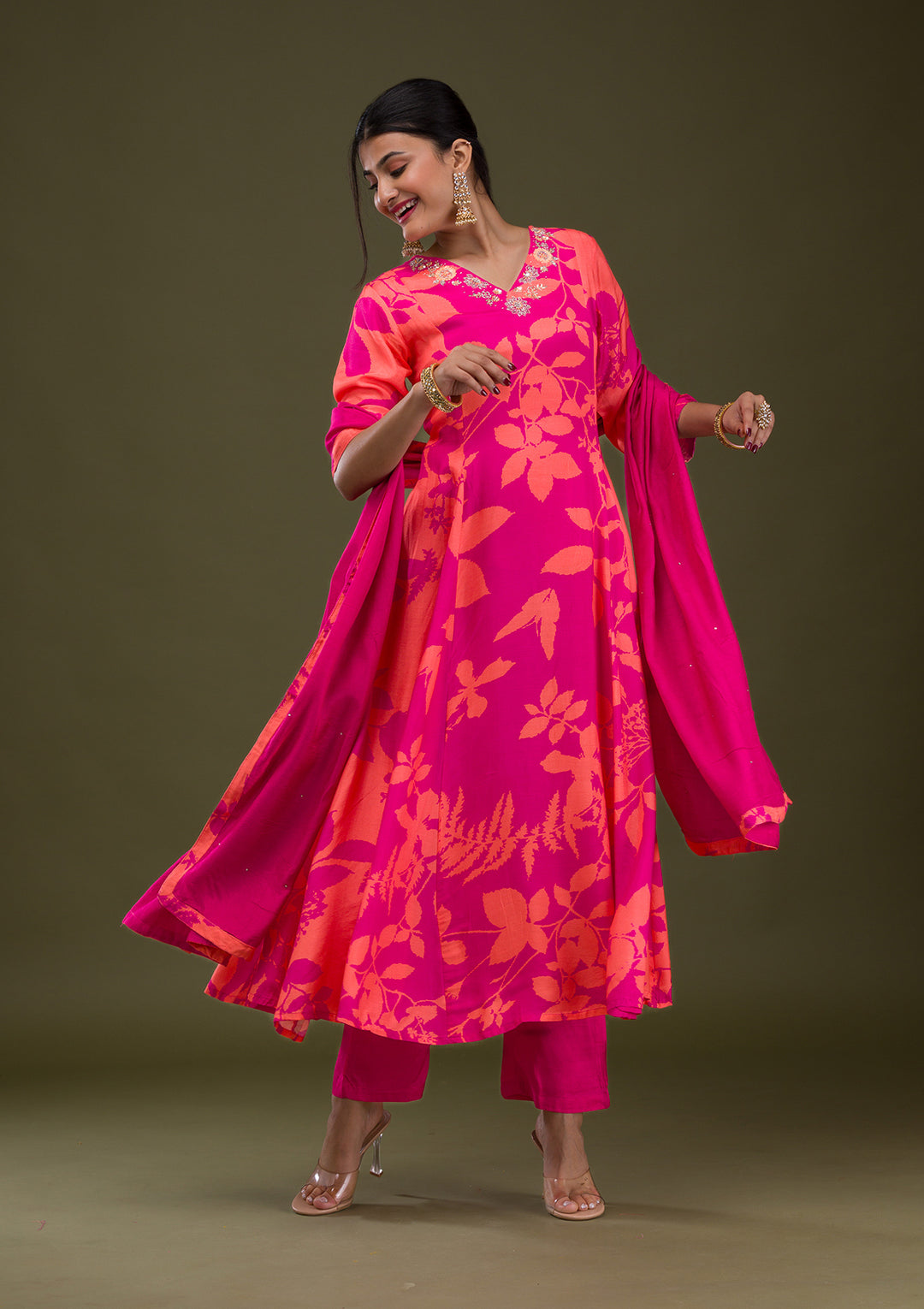 Rani Pink Printed Semi Crepe Readymade Anarkali Suit