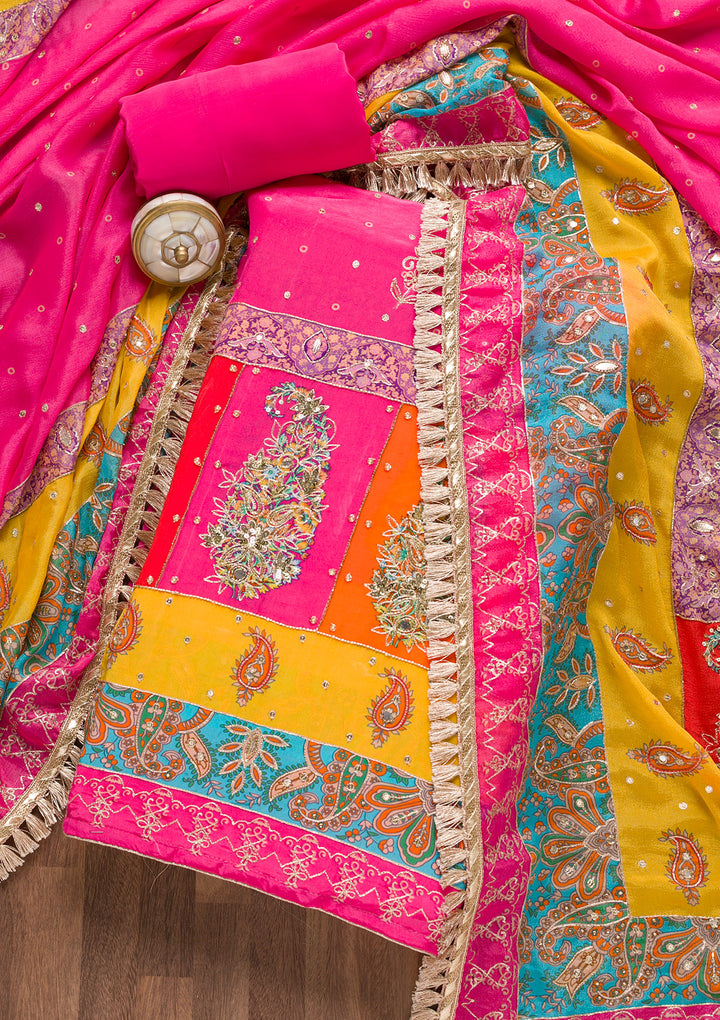 Rani Pink Printed Semi Crepe Unstitched Salwar Suit