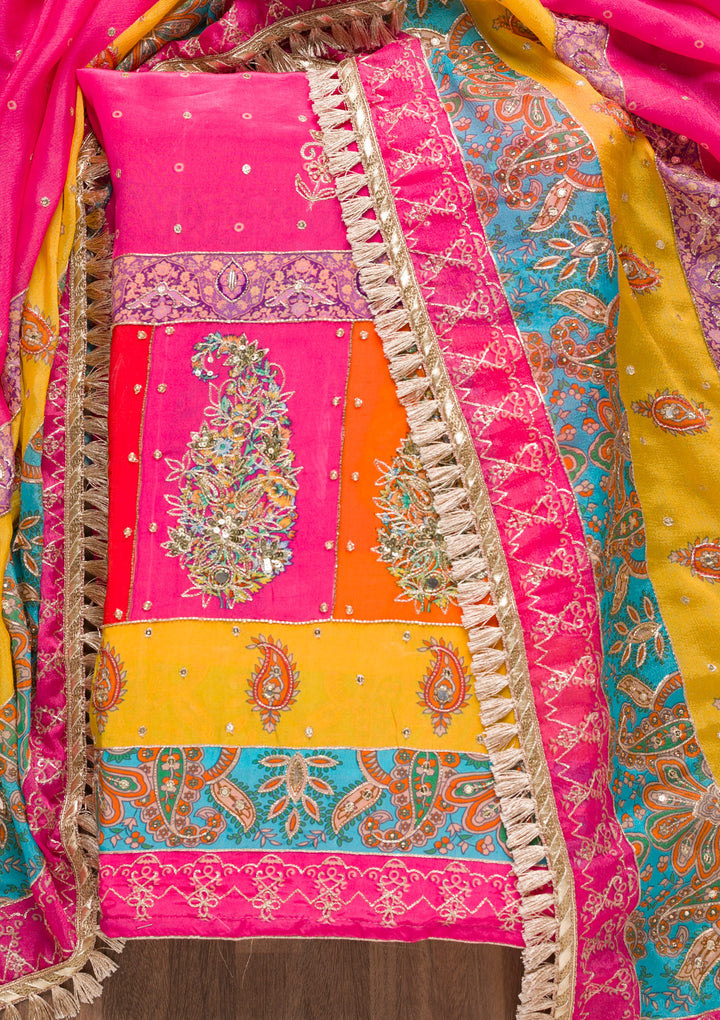 Rani Pink Printed Semi Crepe Unstitched Salwar Suit