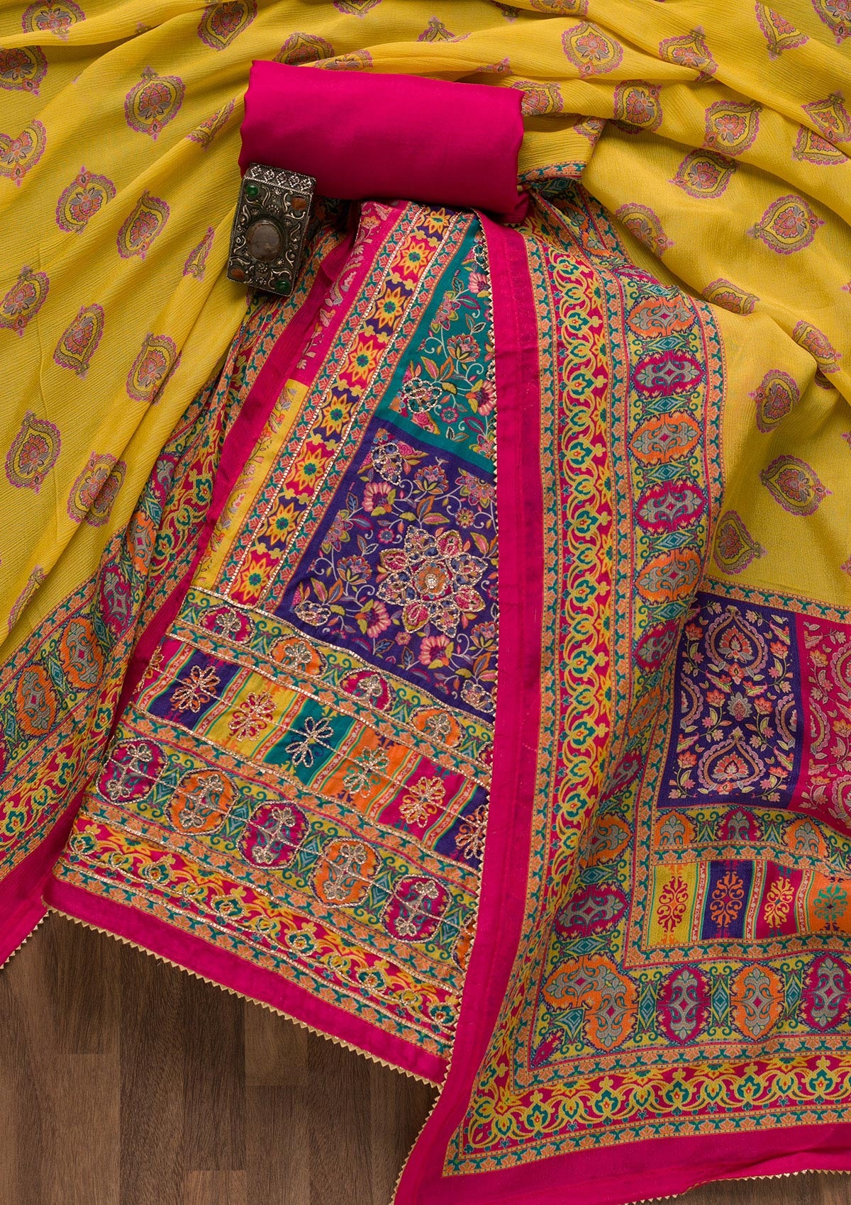 Rani Pink Printed Semi Crepe Unstitched Salwar Suit
