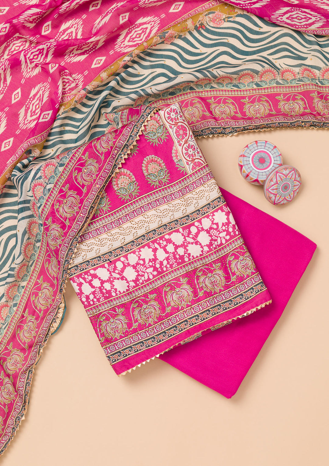Rani Pink Printed Semi Crepe Unstitched Salwar Suit