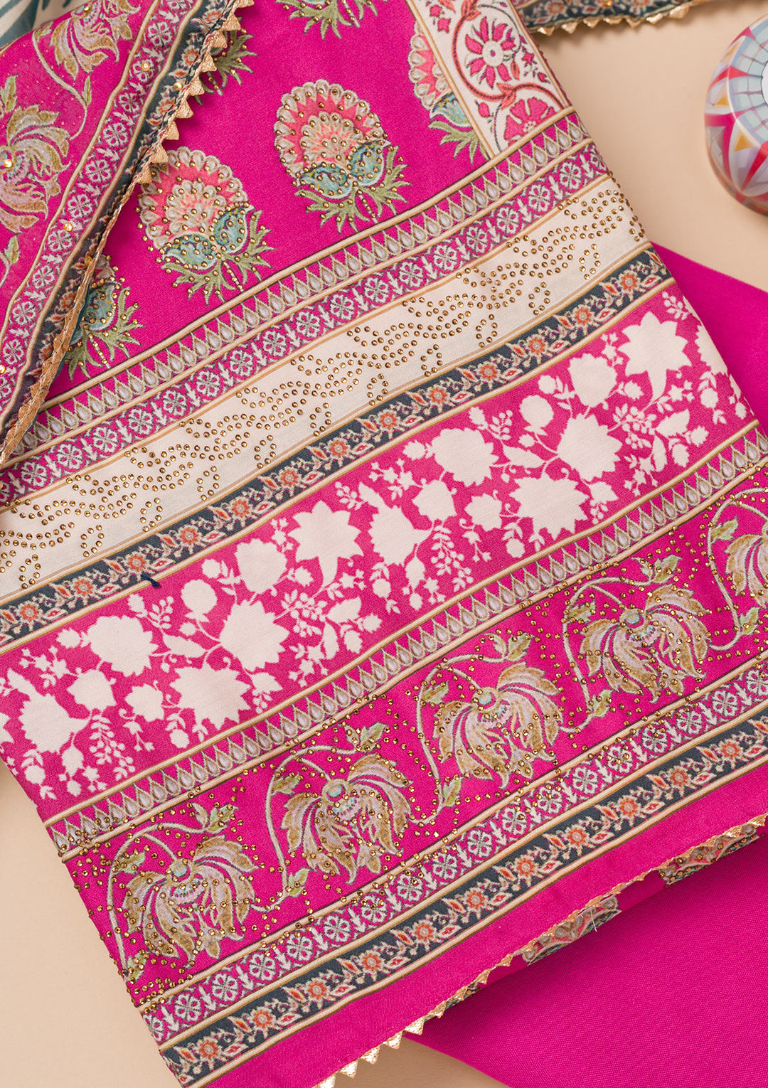Rani Pink Printed Semi Crepe Unstitched Salwar Suit