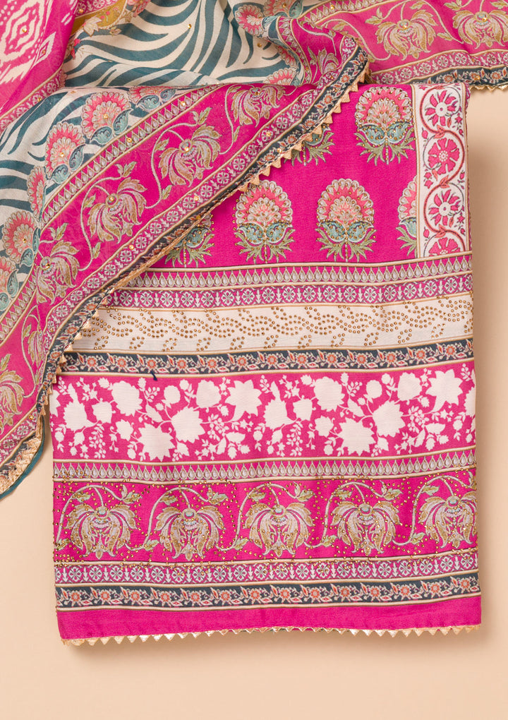 Rani Pink Printed Semi Crepe Unstitched Salwar Suit