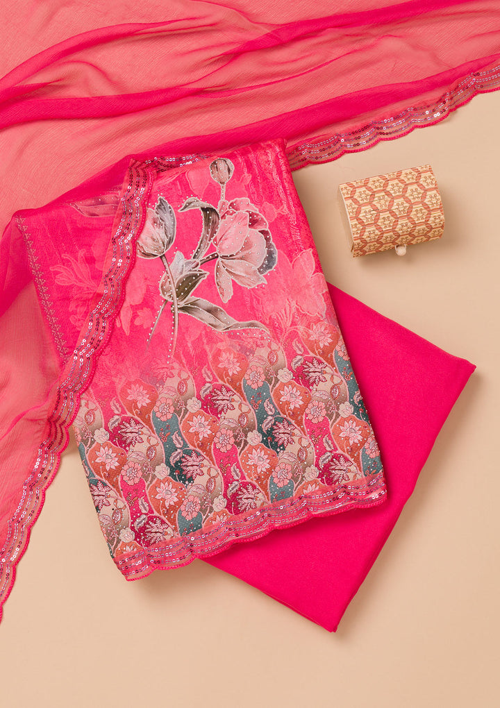 Rani Pink Printed Semi Crepe Unstitched Salwar Suit