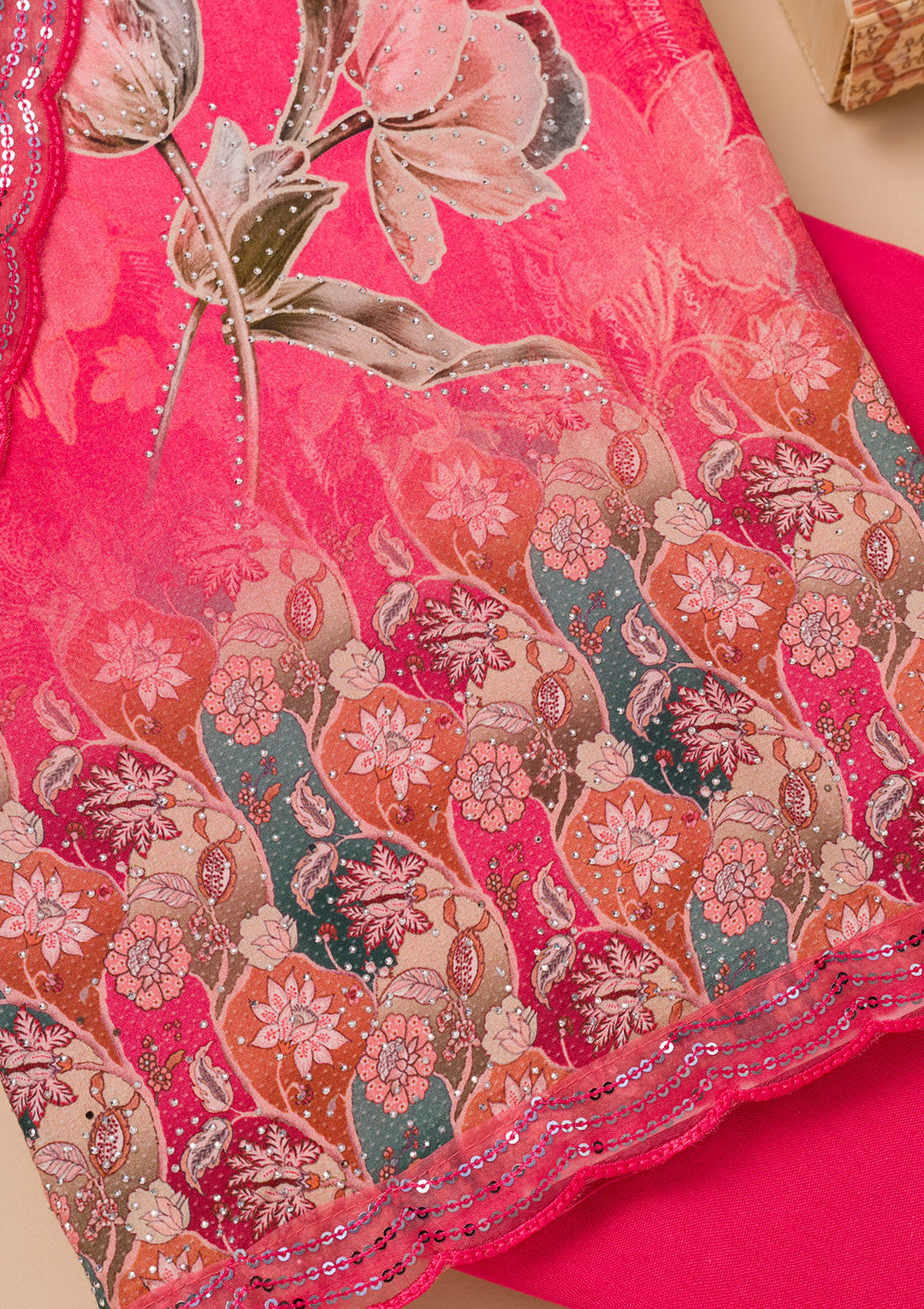 Rani Pink Printed Semi Crepe Unstitched Salwar Suit