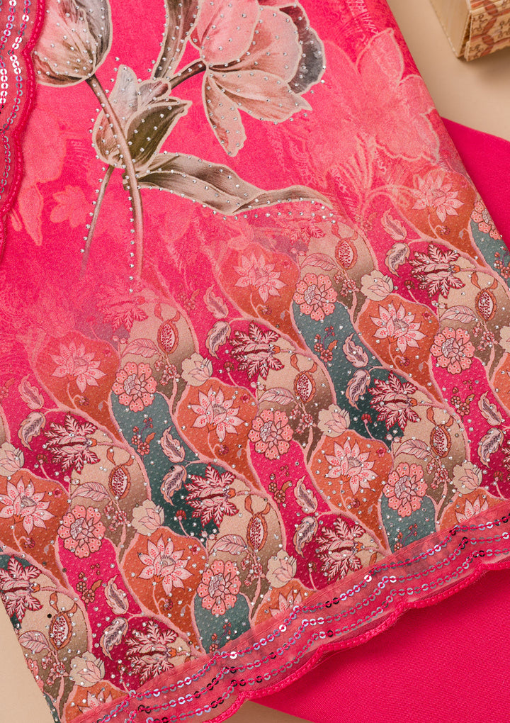 Rani Pink Printed Semi Crepe Unstitched Salwar Suit