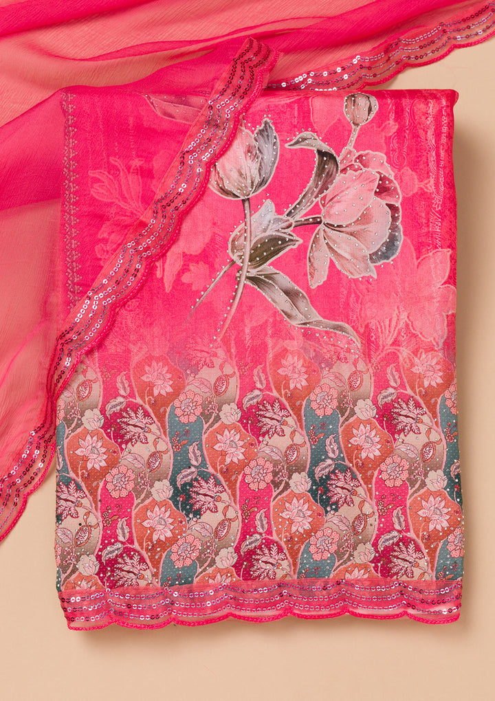 Rani Pink Printed Semi Crepe Unstitched Salwar Suit