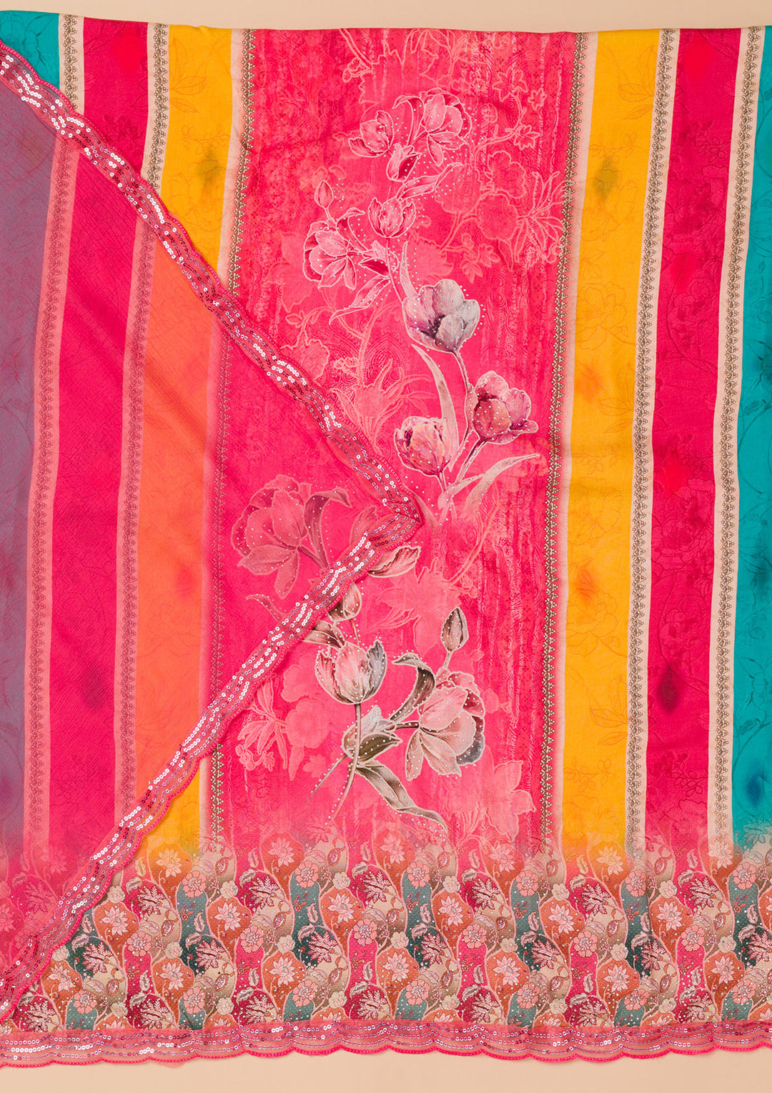 Rani Pink Printed Semi Crepe Unstitched Salwar Suit