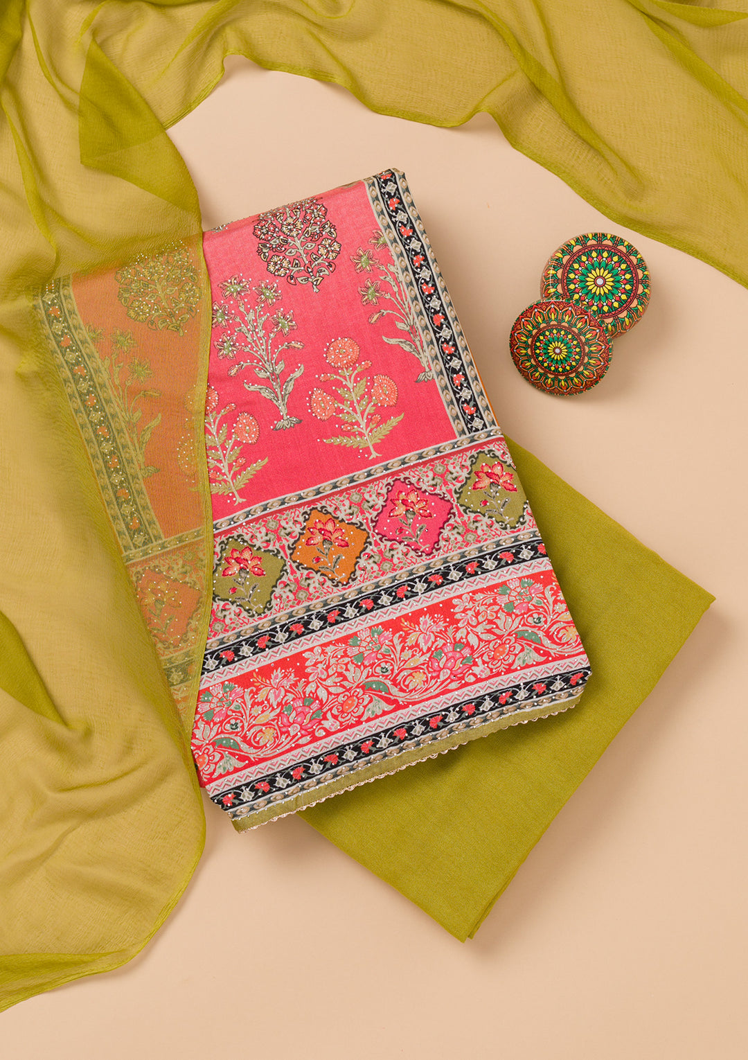 Rani Pink Printed Semi Crepe Unstitched Salwar Suit