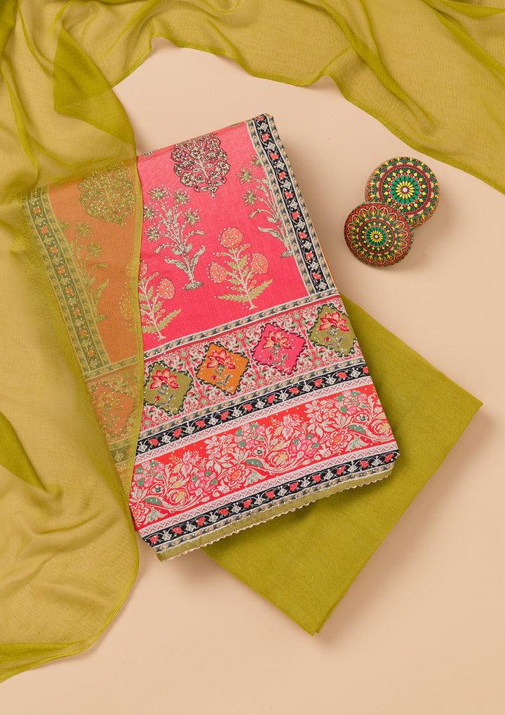 Rani Pink Printed Semi Crepe Unstitched Salwar Suit