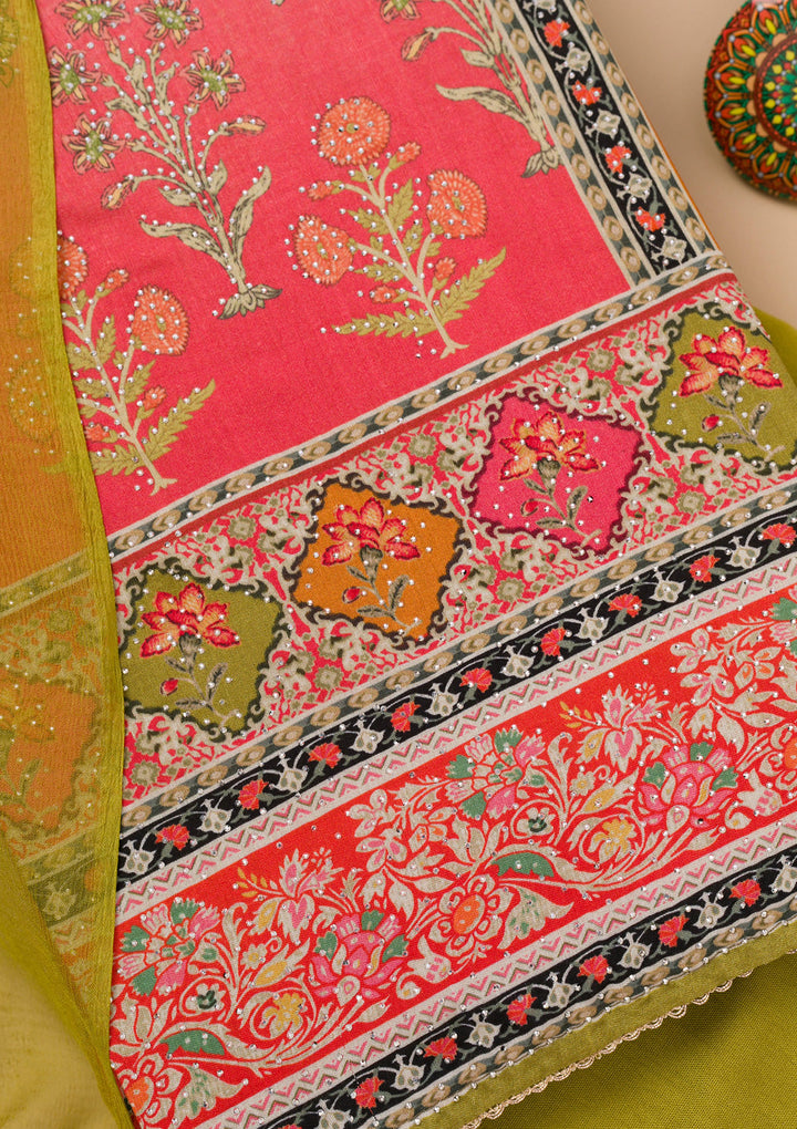 Rani Pink Printed Semi Crepe Unstitched Salwar Suit
