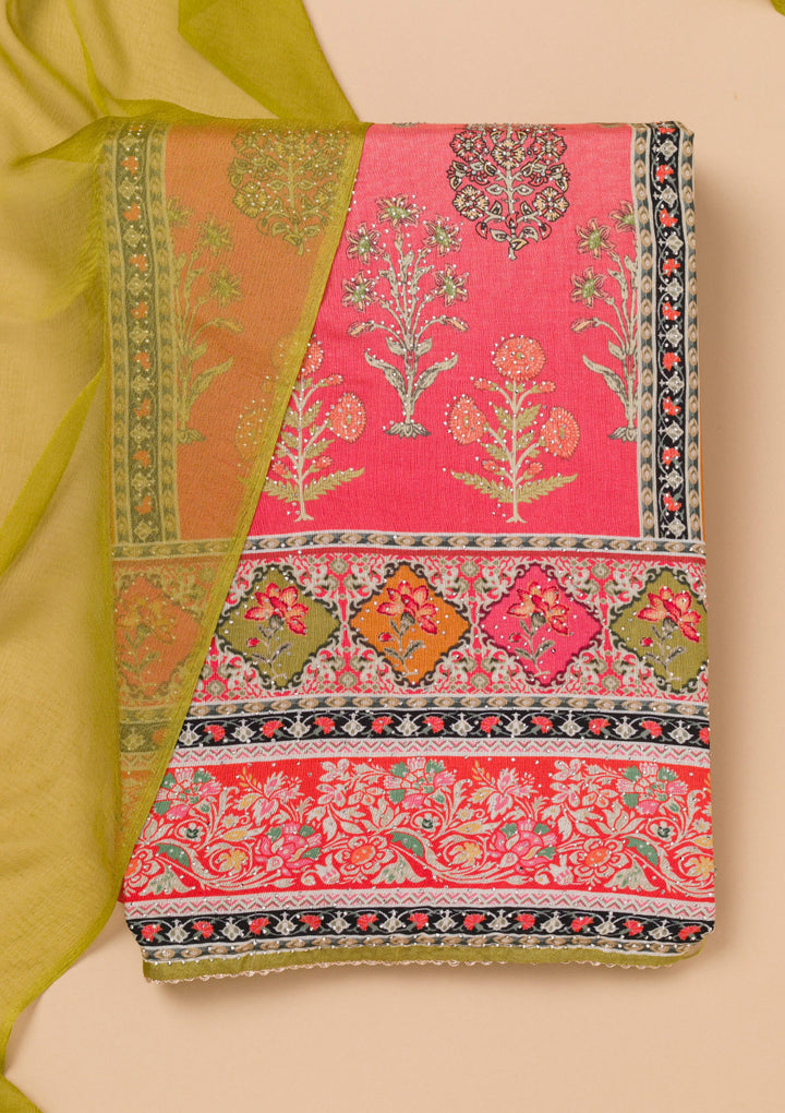Rani Pink Printed Semi Crepe Unstitched Salwar Suit