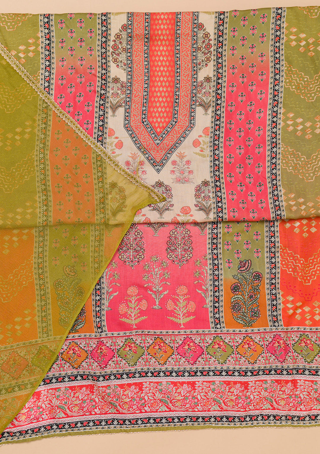 Rani Pink Printed Semi Crepe Unstitched Salwar Suit
