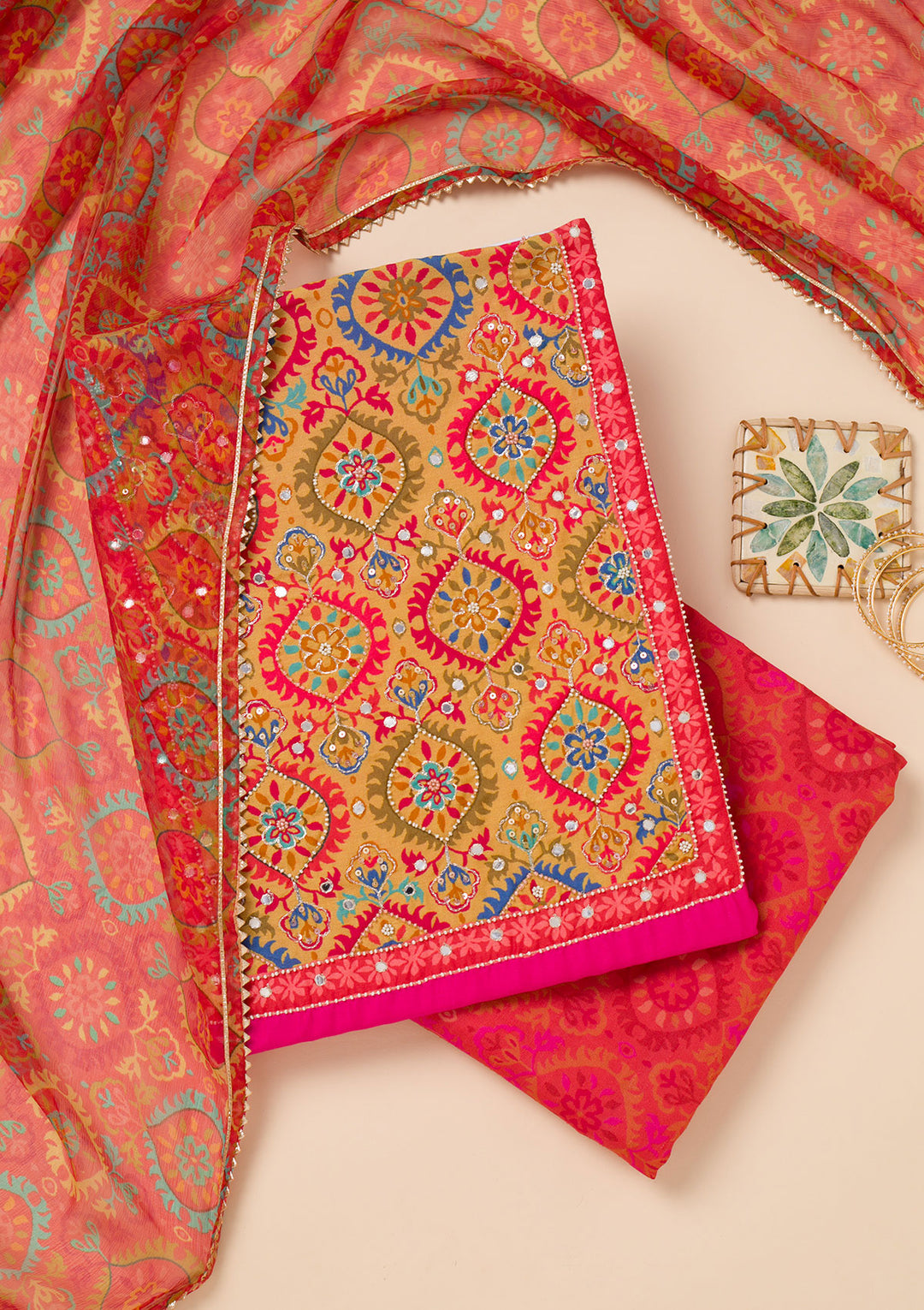 Rani Pink Printed Semi Crepe Unstitched Salwar Suit