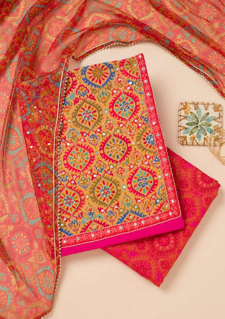 Rani Pink Printed Semi Crepe Unstitched Salwar Suit