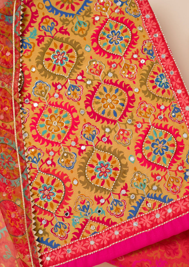 Rani Pink Printed Semi Crepe Unstitched Salwar Suit