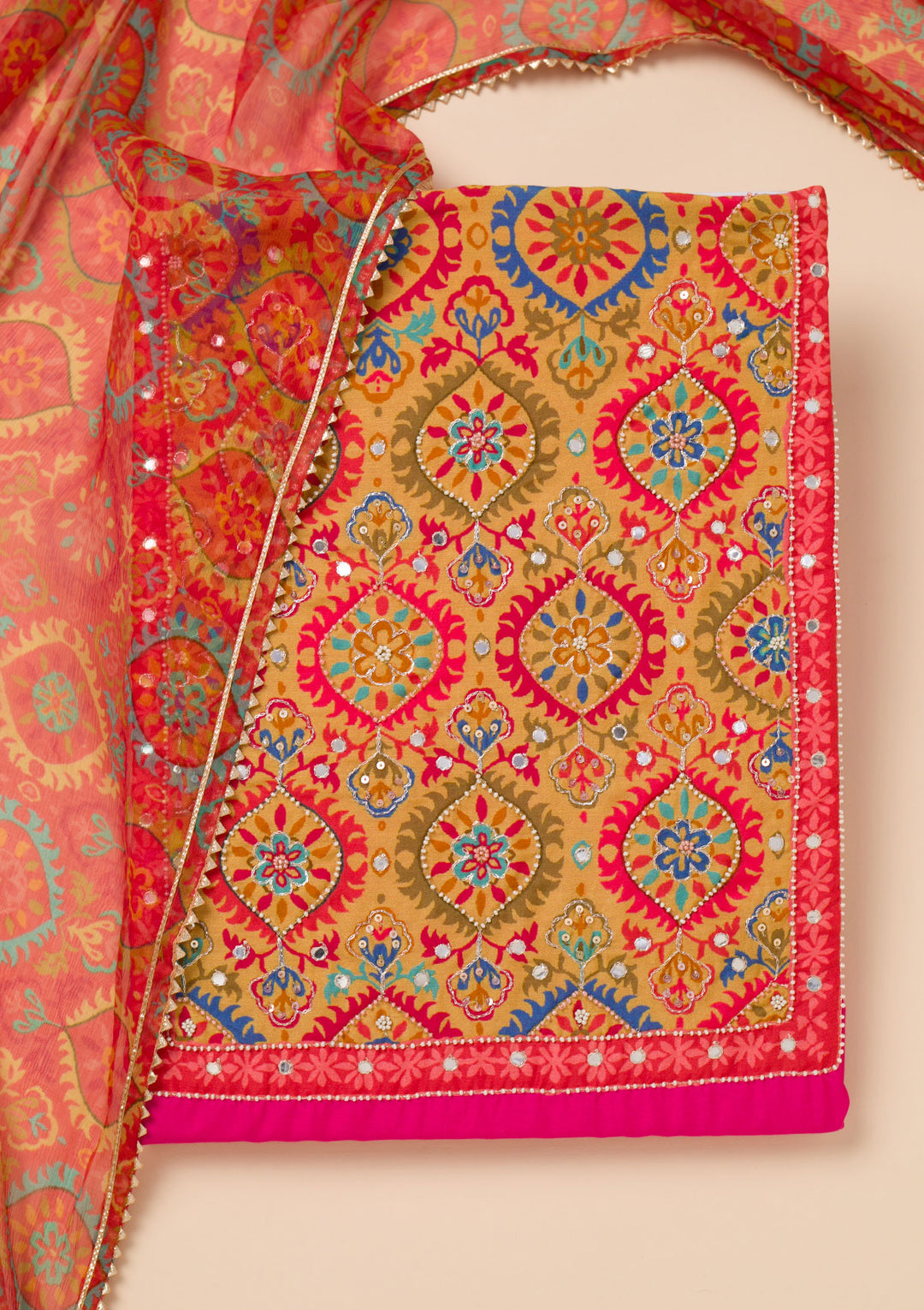 Rani Pink Printed Semi Crepe Unstitched Salwar Suit