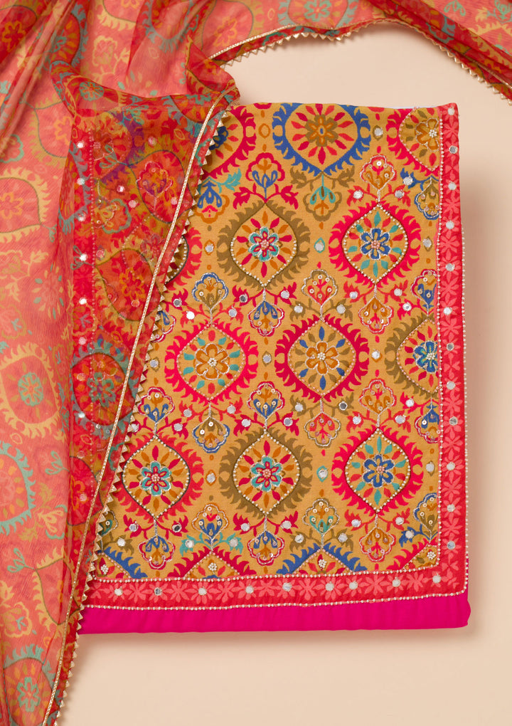 Rani Pink Printed Semi Crepe Unstitched Salwar Suit