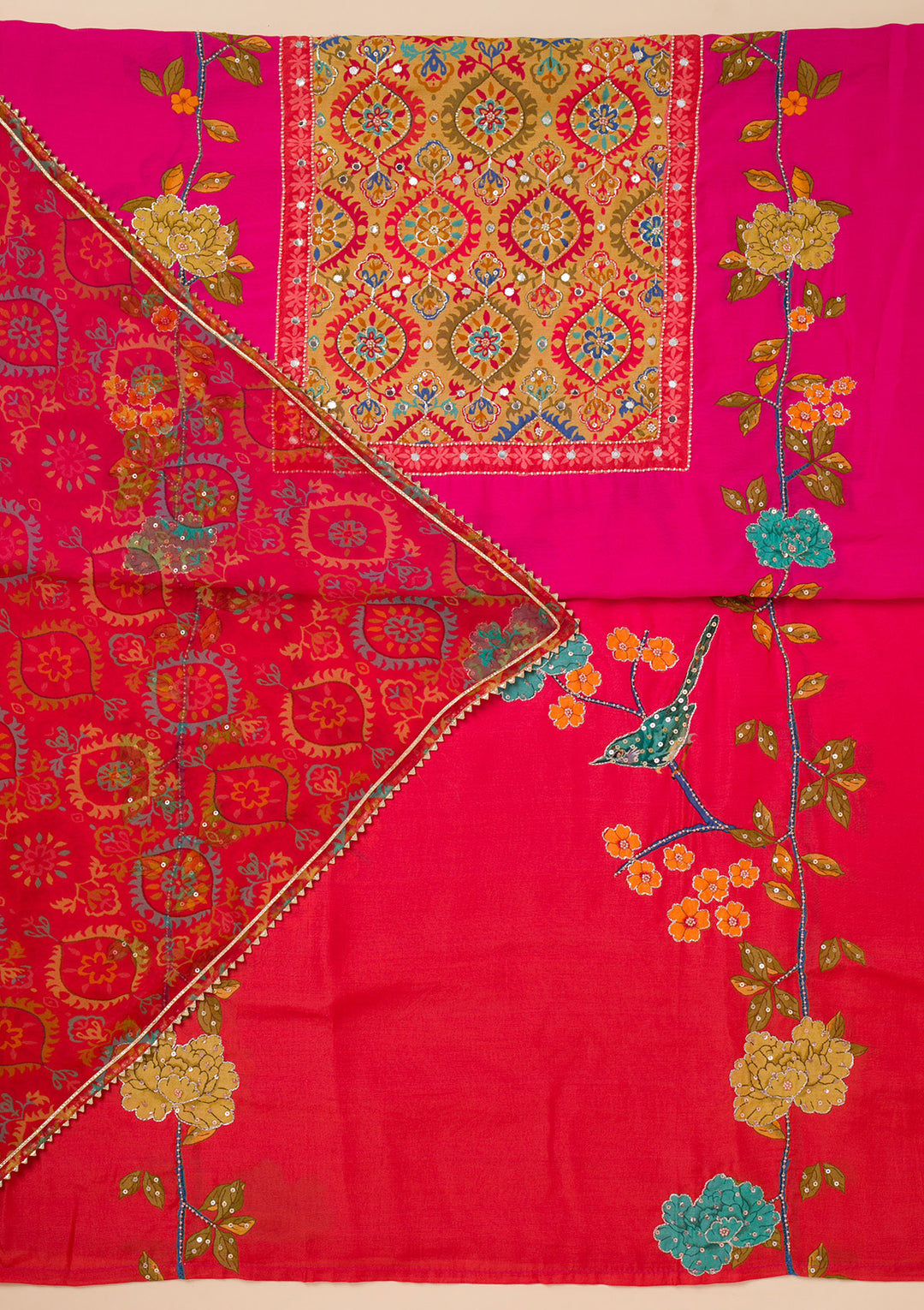 Rani Pink Printed Semi Crepe Unstitched Salwar Suit