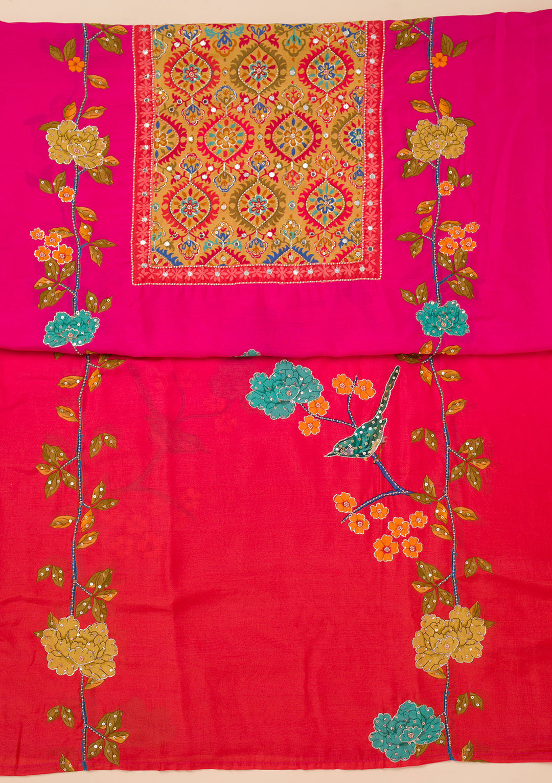 Rani Pink Printed Semi Crepe Unstitched Salwar Suit