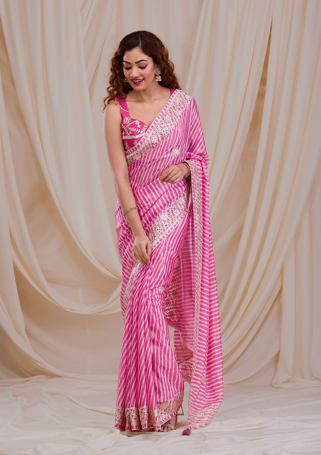 Rani Pink Printed Semi Crepe Saree