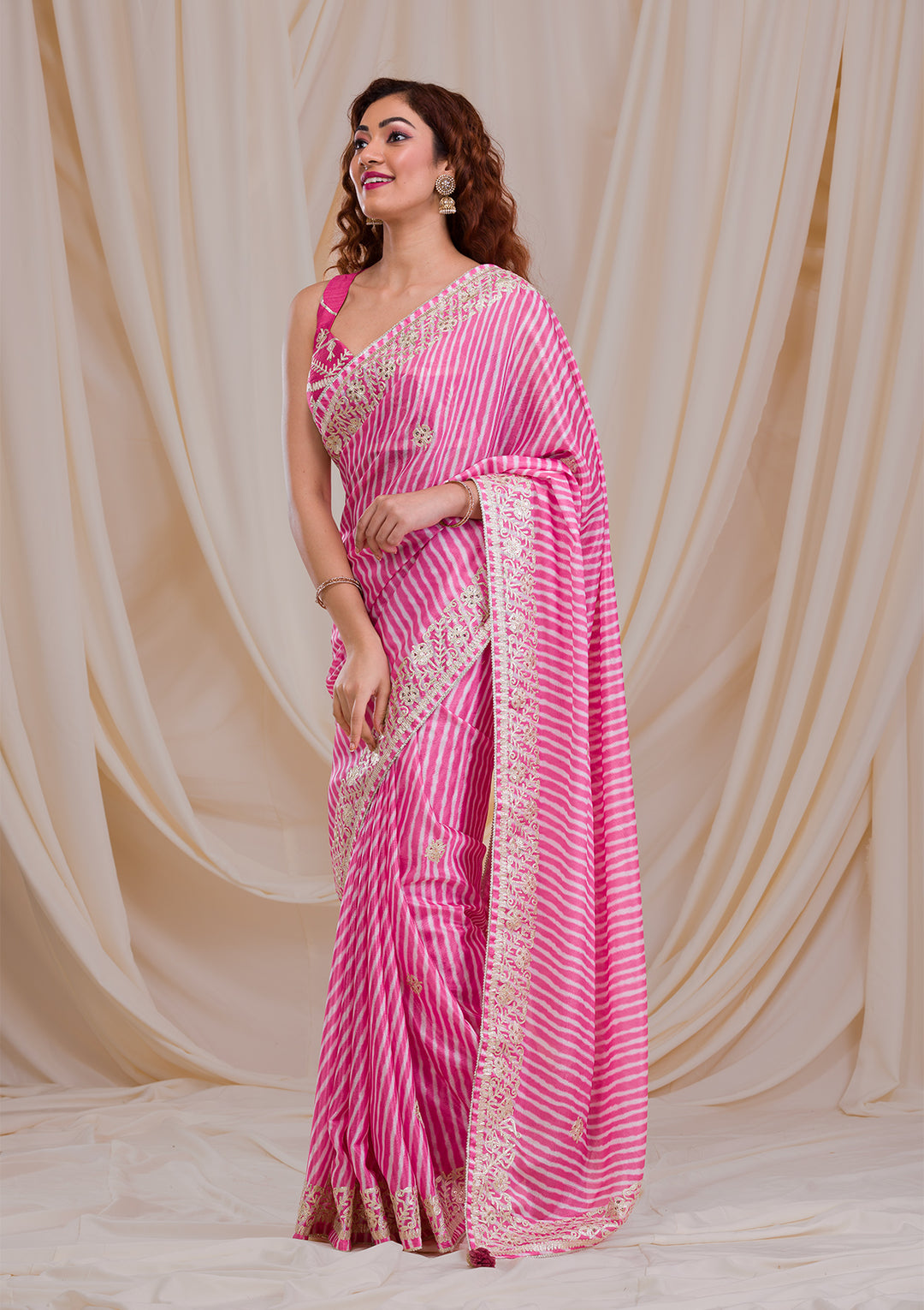 Rani Pink Printed Semi Crepe Saree