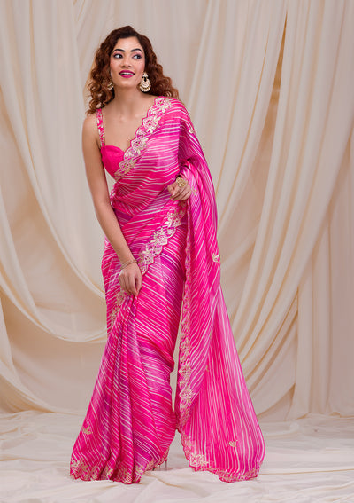 Rani Pink Printed Semi Crepe Saree-Koskii