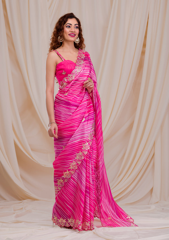 Rani Pink Printed Semi Crepe Saree