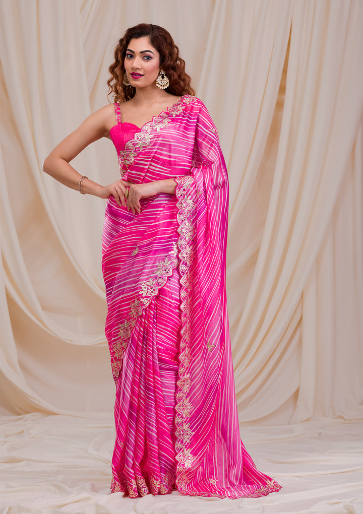 Rani Pink Printed Semi Crepe Saree