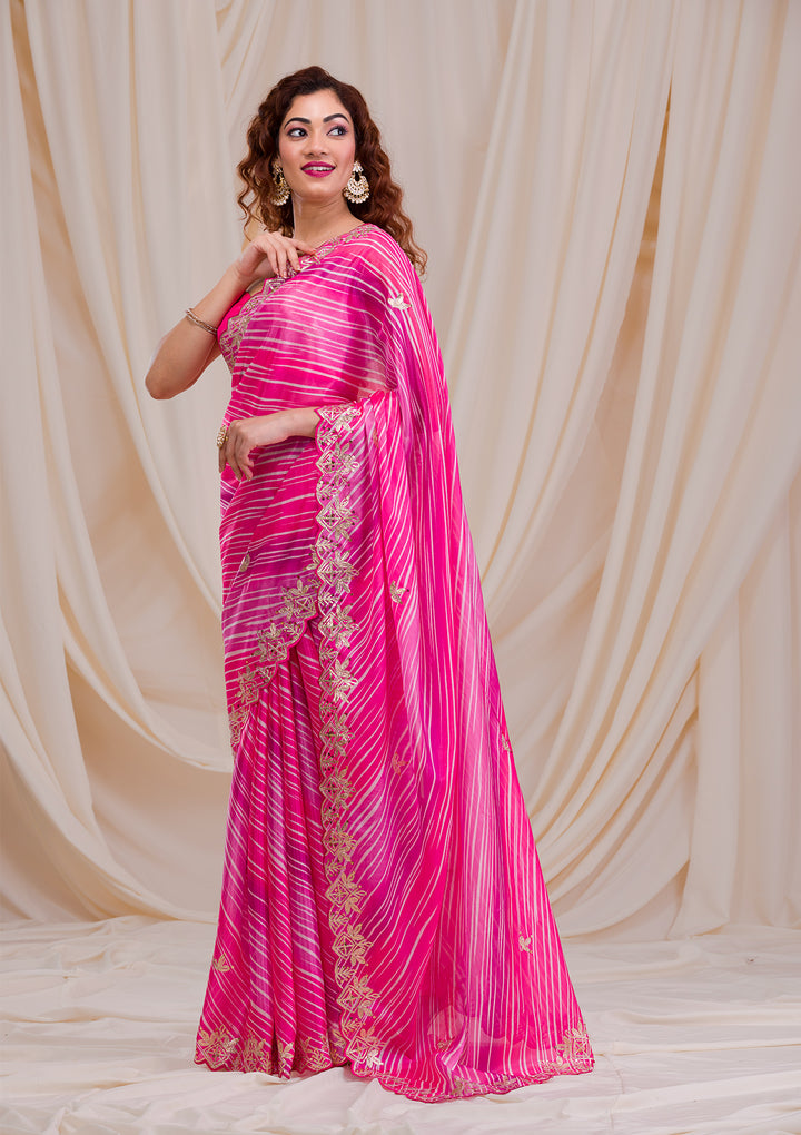 Rani Pink Printed Semi Crepe Saree