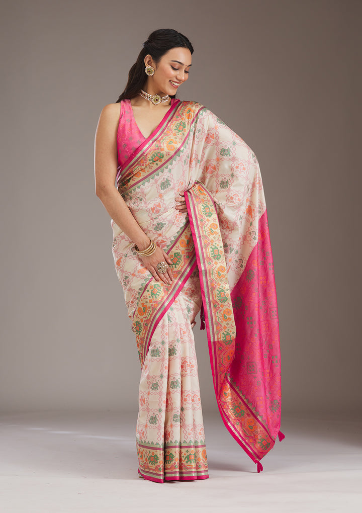 Rani Pink Printed Silk Saree
