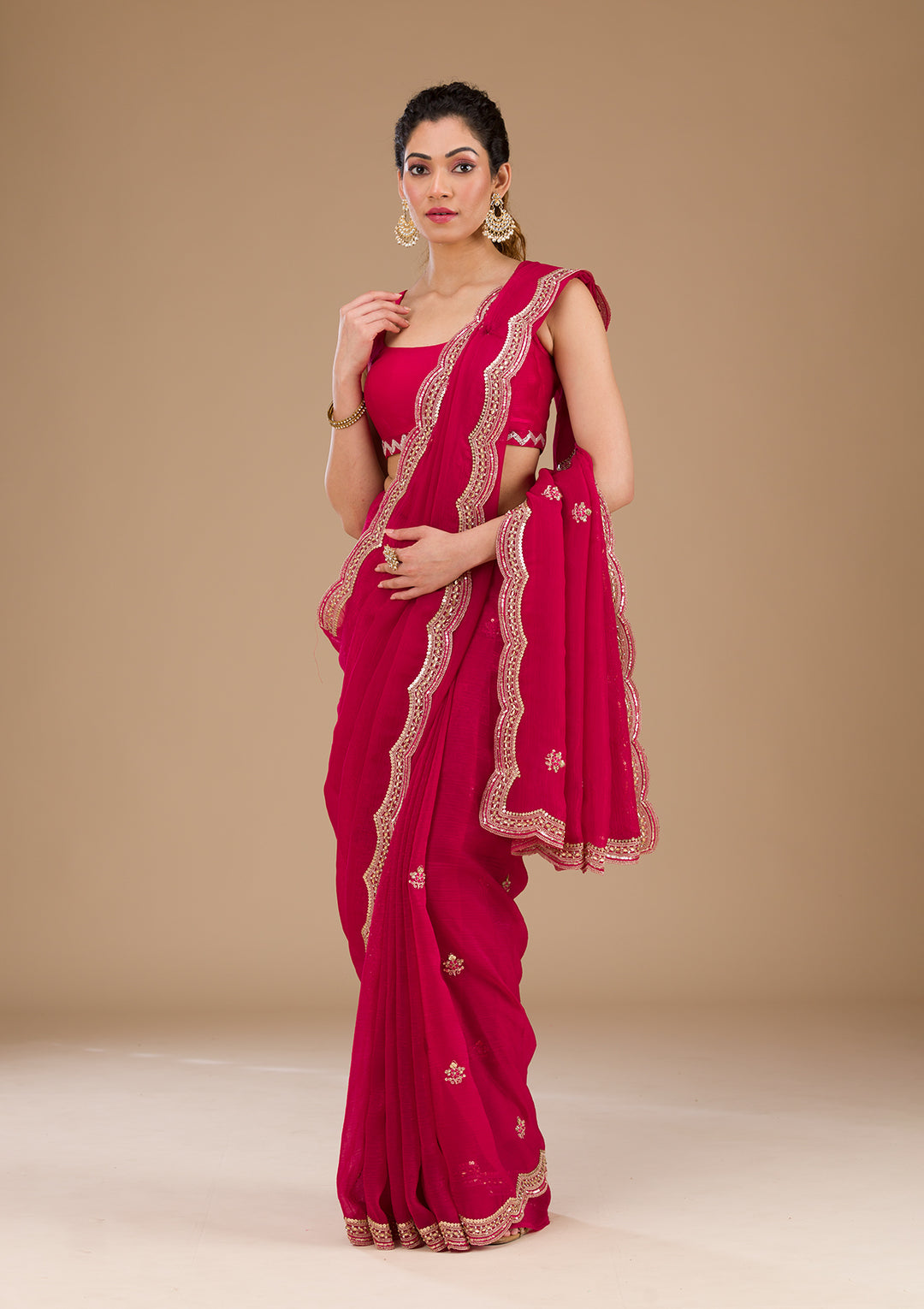 Rani Pink Sequins Tissue Saree-Koskii