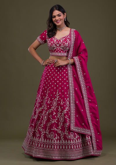 Buy Rose Pink Thread Embroidery Net Engagement Look Lehenga Choli From  Ethnic Plus