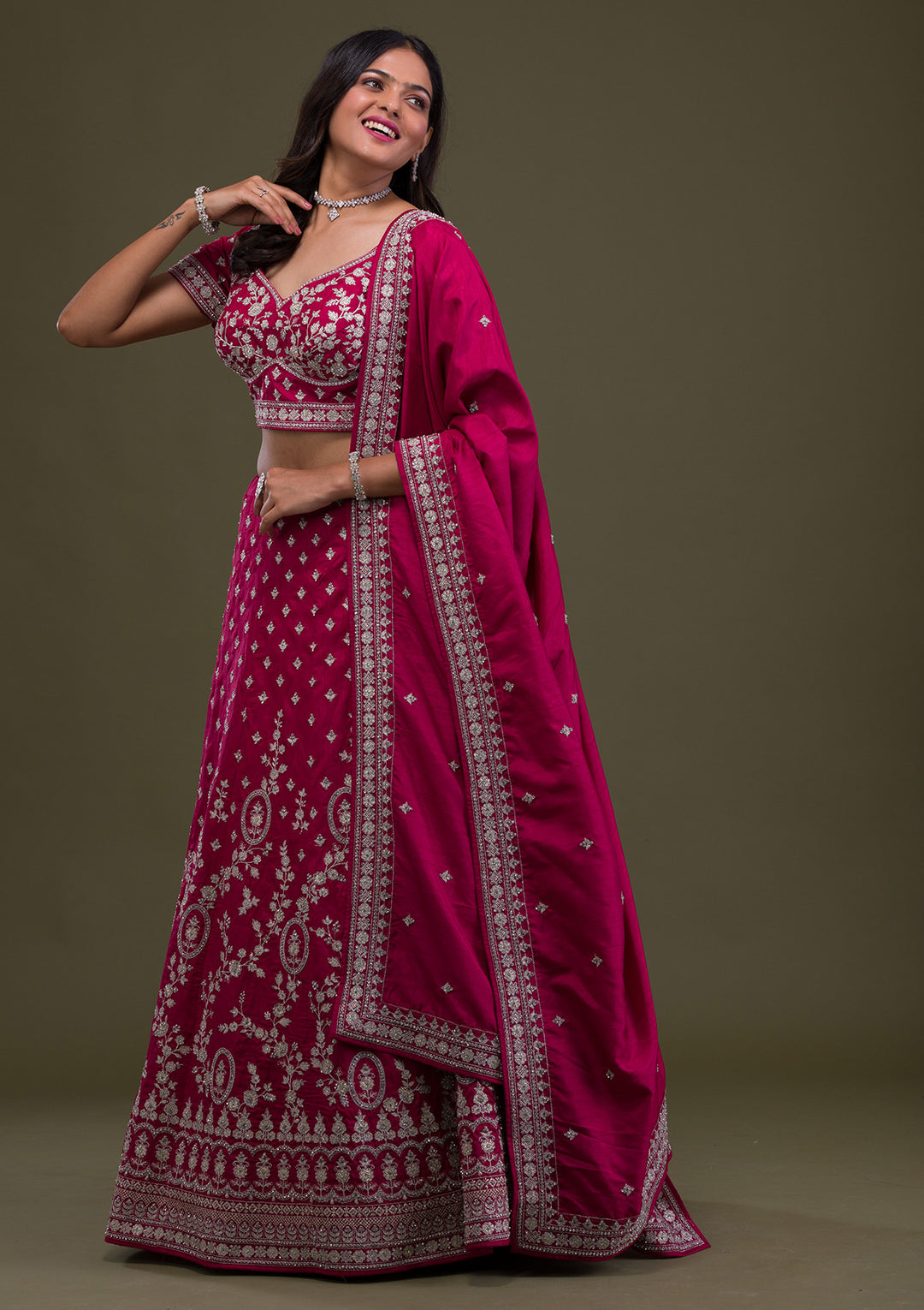 Rani Pink Zariwork Art Silk Readymade Lehenga-Koskii