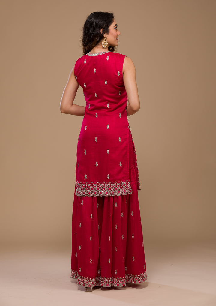 Rani Pink Silver Zariwork Raw Silk Readymade Salwar Suit-Koskii