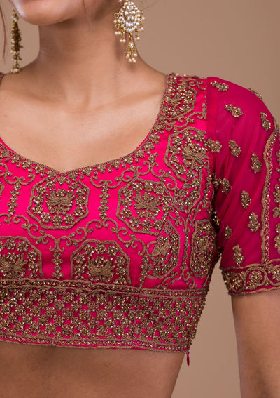 Rani Pink Stonework Net Semi Stitched Lehenga