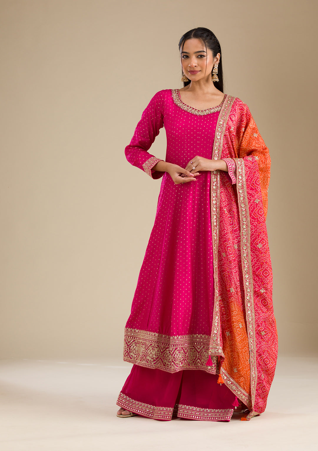 Rani Pink Stonework Semi Crepe Readymade Salwar Suit