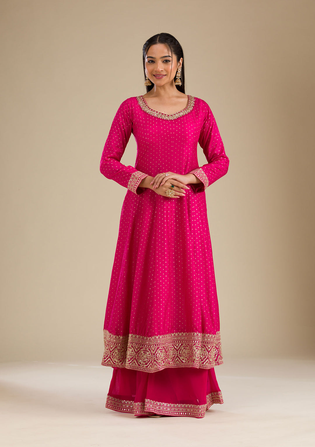 Rani Pink Stonework Semi Crepe Readymade Salwar Suit