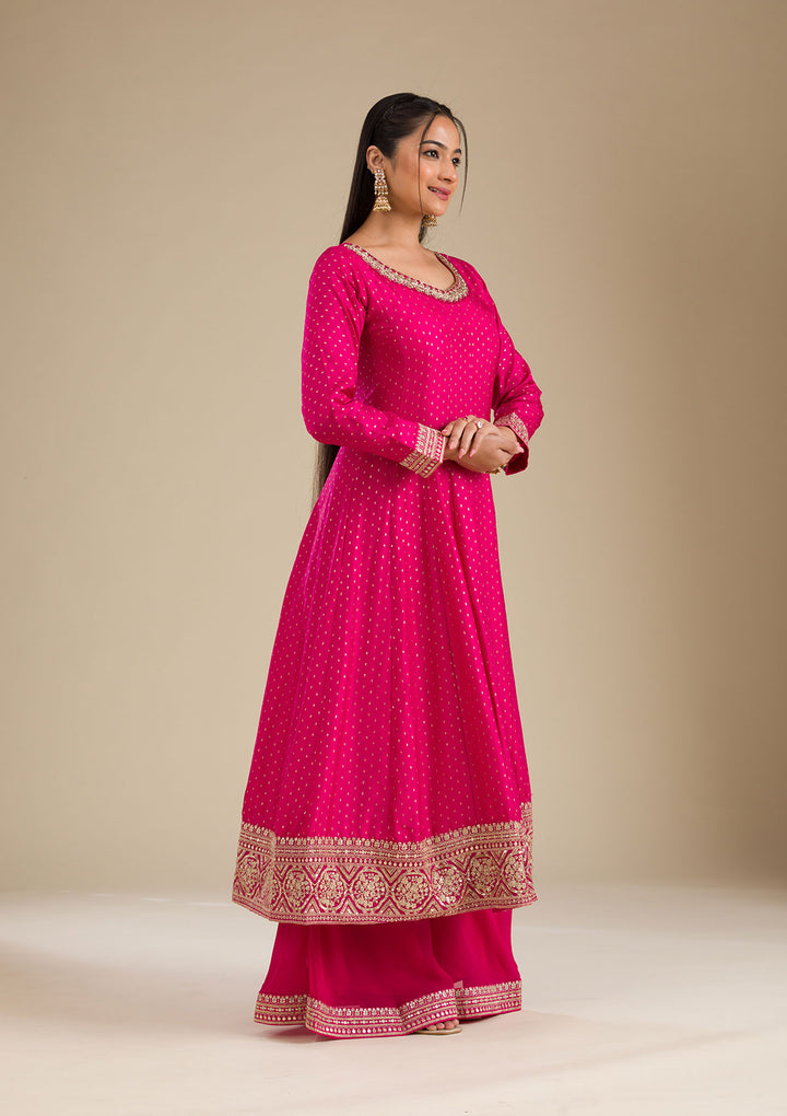 Rani Pink Stonework Semi Crepe Readymade Salwar Suit